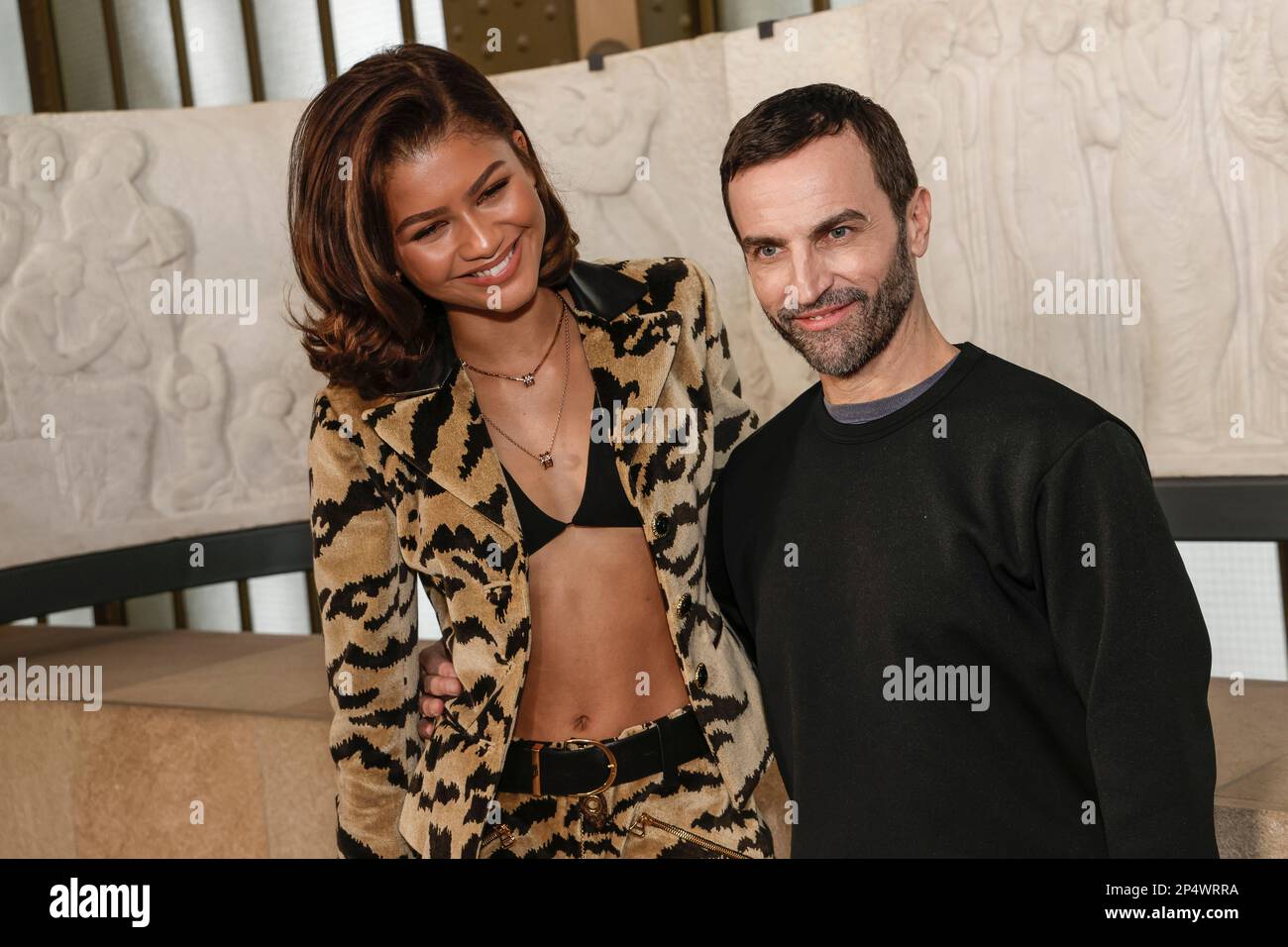 Zendaya, left, and designer Nicolas Ghesquiere pose for photographers prior  to the Louis Vuitton Fall/Winter 2023-2024 ready-to-wear collection  presented Monday, March 6, 2023 in Paris. (Vianney Le Caer/Invision/AP  Stock Photo - Alamy