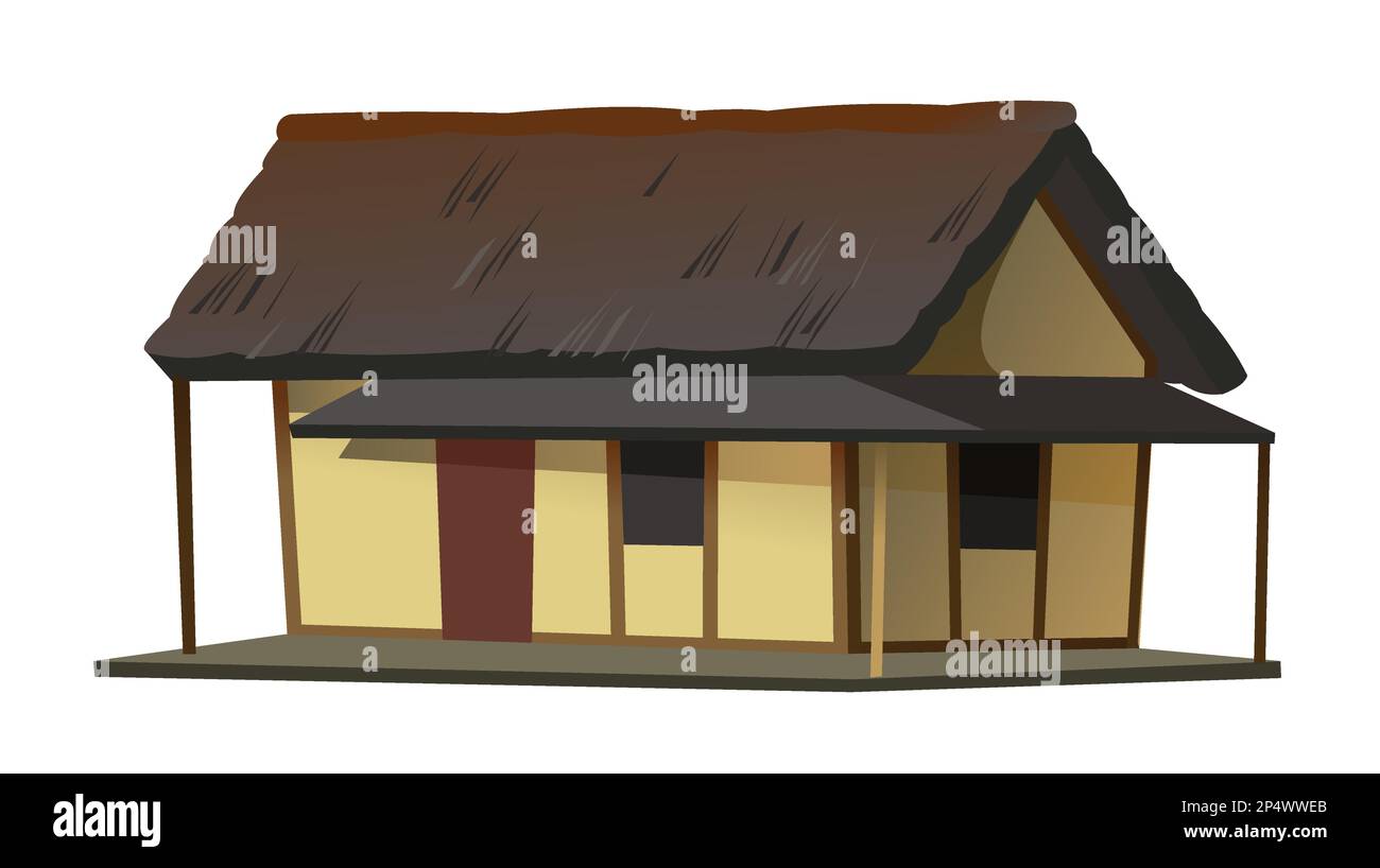 Traditional Japanese house. With canopy. Rural dwelling with thatched roof. illustration vector. Stock Vector