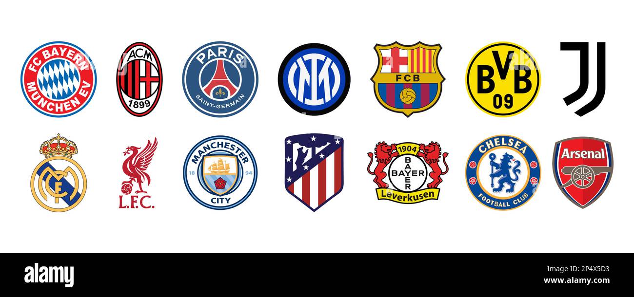 Top European football club logo icon set.  Stock Vector