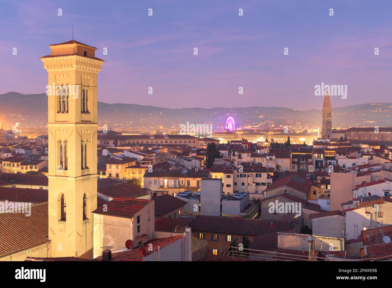 Florence, Italy historic cityscape with church bell towers at dusk. Stock Photo