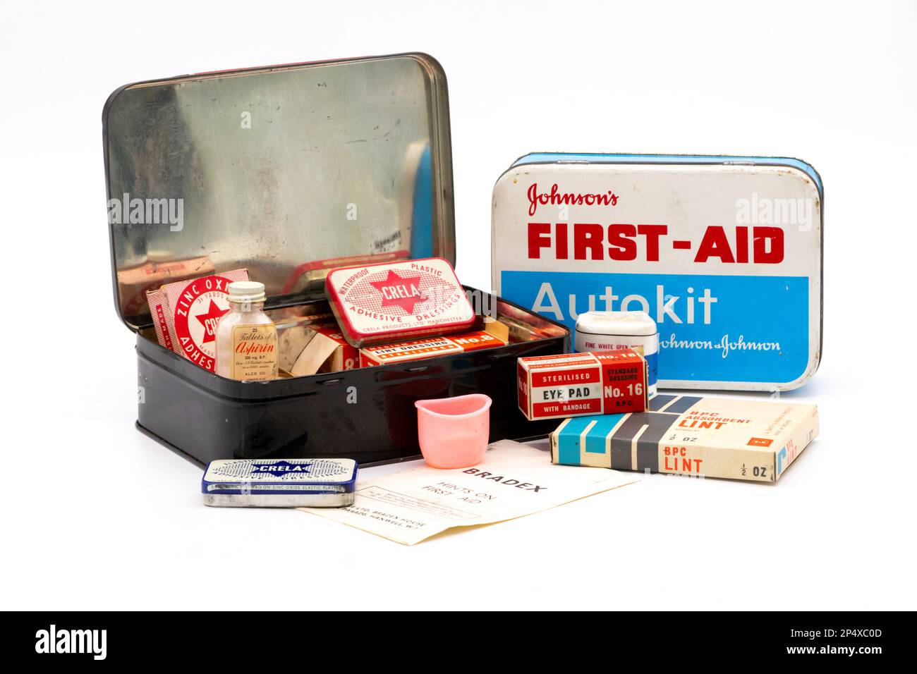 1960s metal tin containing first aid kit for travel or car use Stock Photo  - Alamy