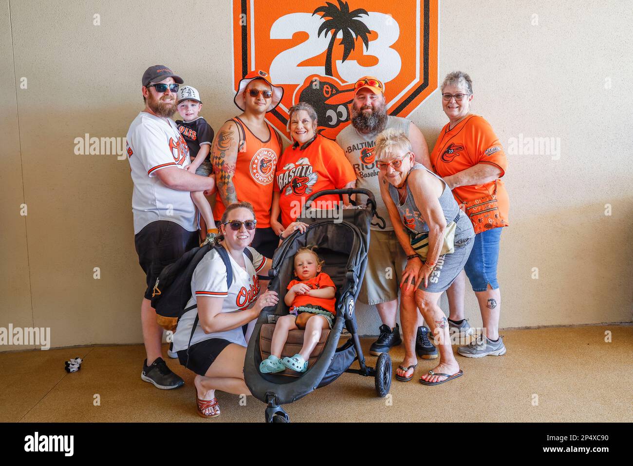 Sarasota FL USA; Baltimore Orioles fans enjoying a day at the park during an MLB spring training game against the Atlanta Braves at Ed Smith Stadium. Stock Photo