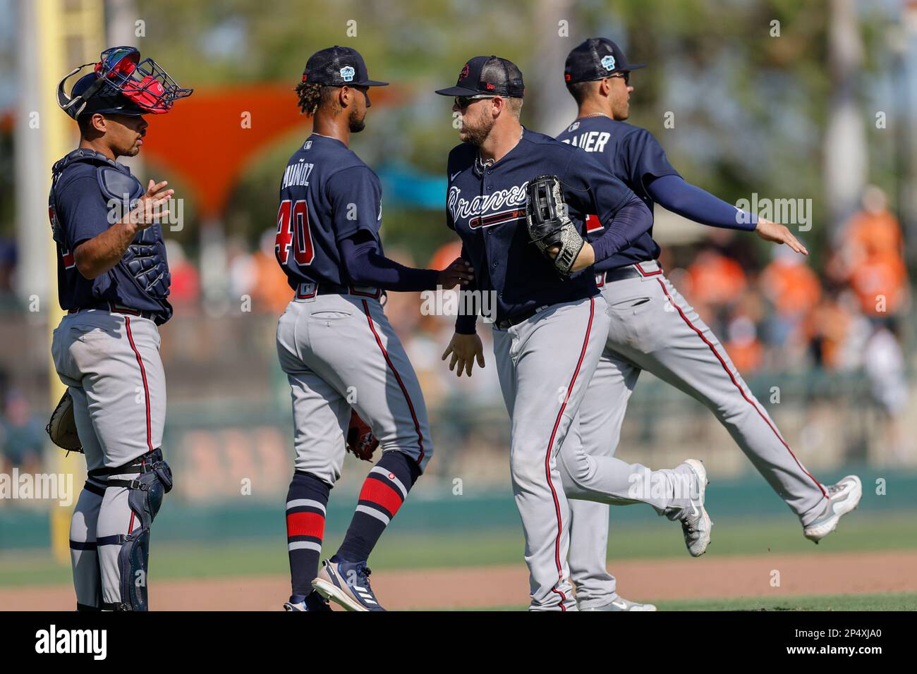 March 15, 2023, North Port FL USA; Atlanta Braves center fielder Michael  Harris II (23) hits a ground ball to to first base during an MLB spring  train Stock Photo - Alamy