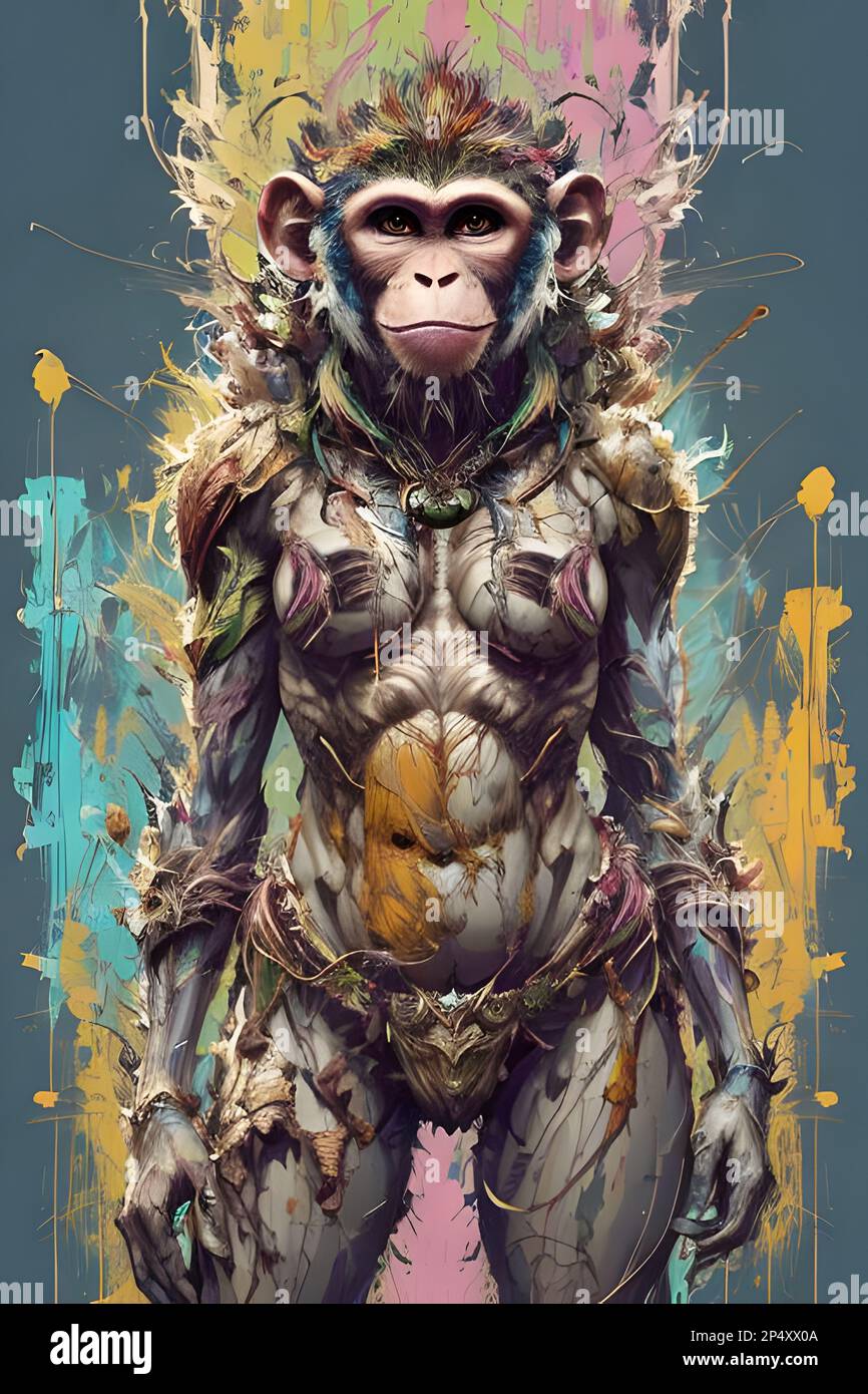 full body portrait of an anthropomorphic monkey warrior, full colors ink  acrylic art Stock Photo - Alamy