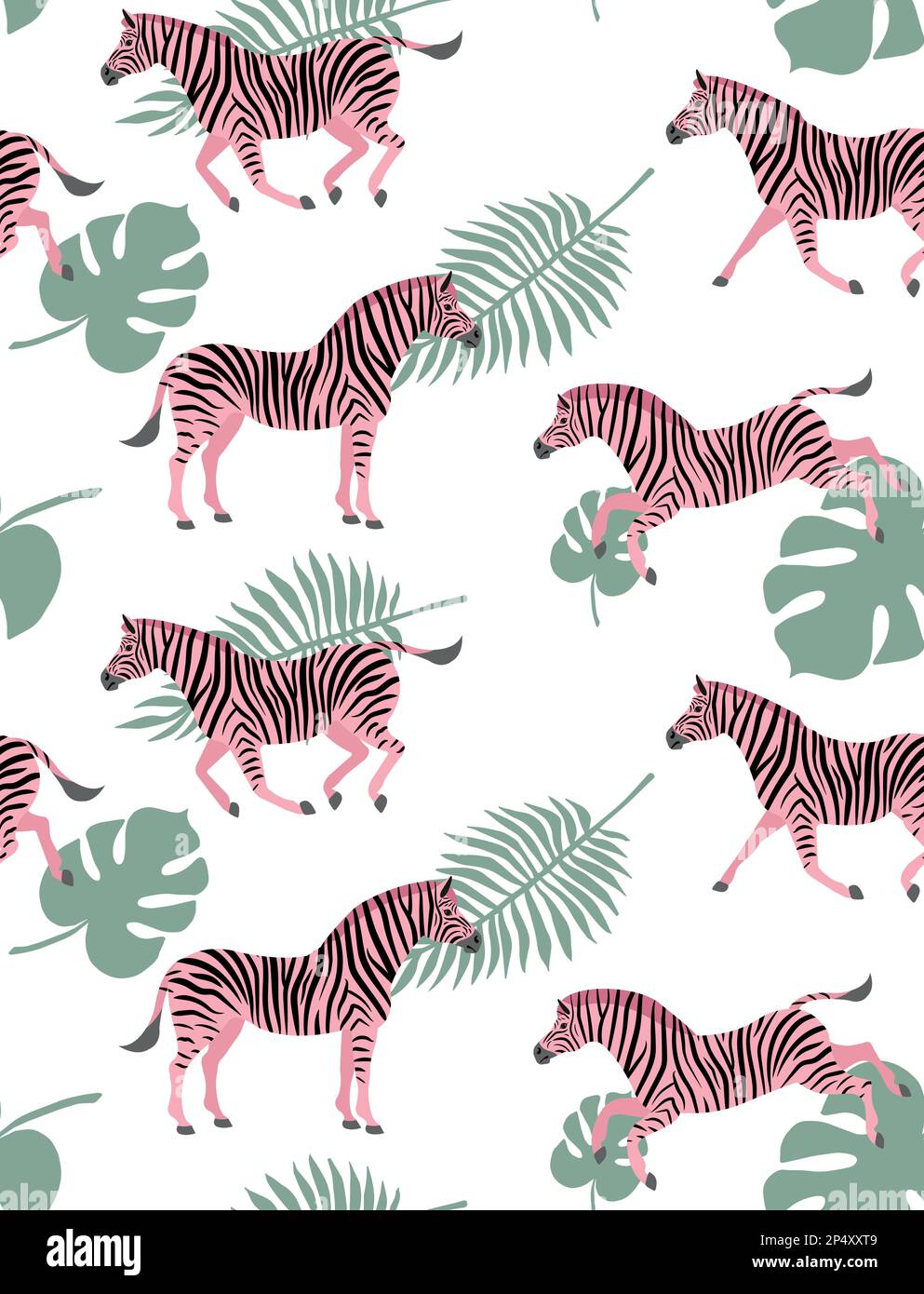 Vector seamless pattern of pink hand drawn flat zebra and palm leaves ...