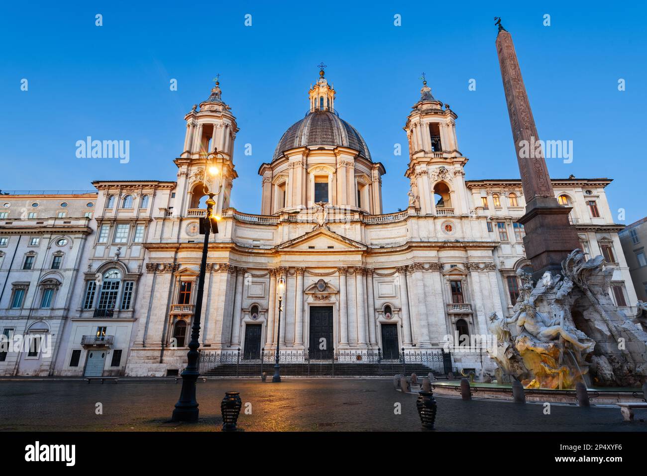 Piazza Navona at the Obelisk and Sant'Agnese in Rome, Italy at twilight. Stock Photo
