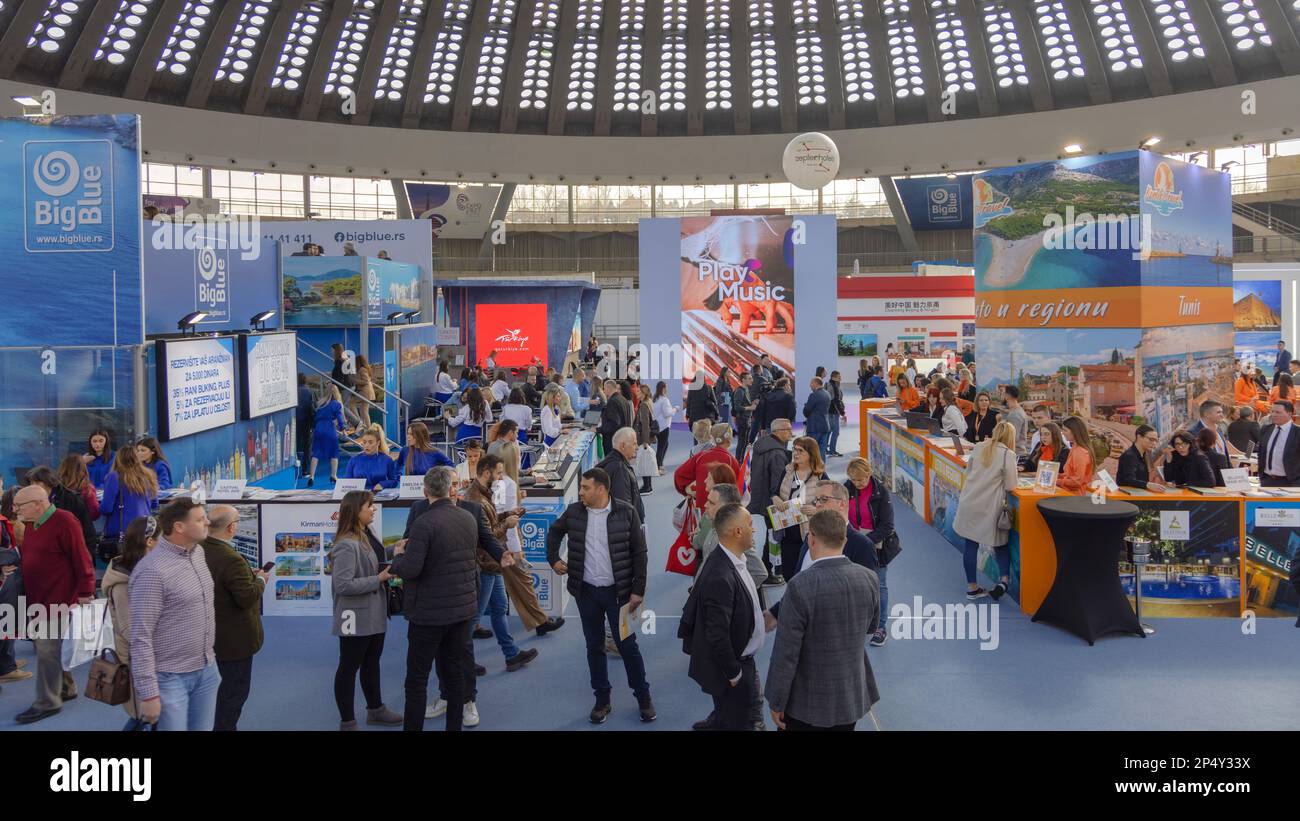 Belgrade, Serbia - February 23, 2023: Crowd of People at International Tourism Fair Expo Travel Event in Hall Holidays Vacation Promotion. Stock Photo