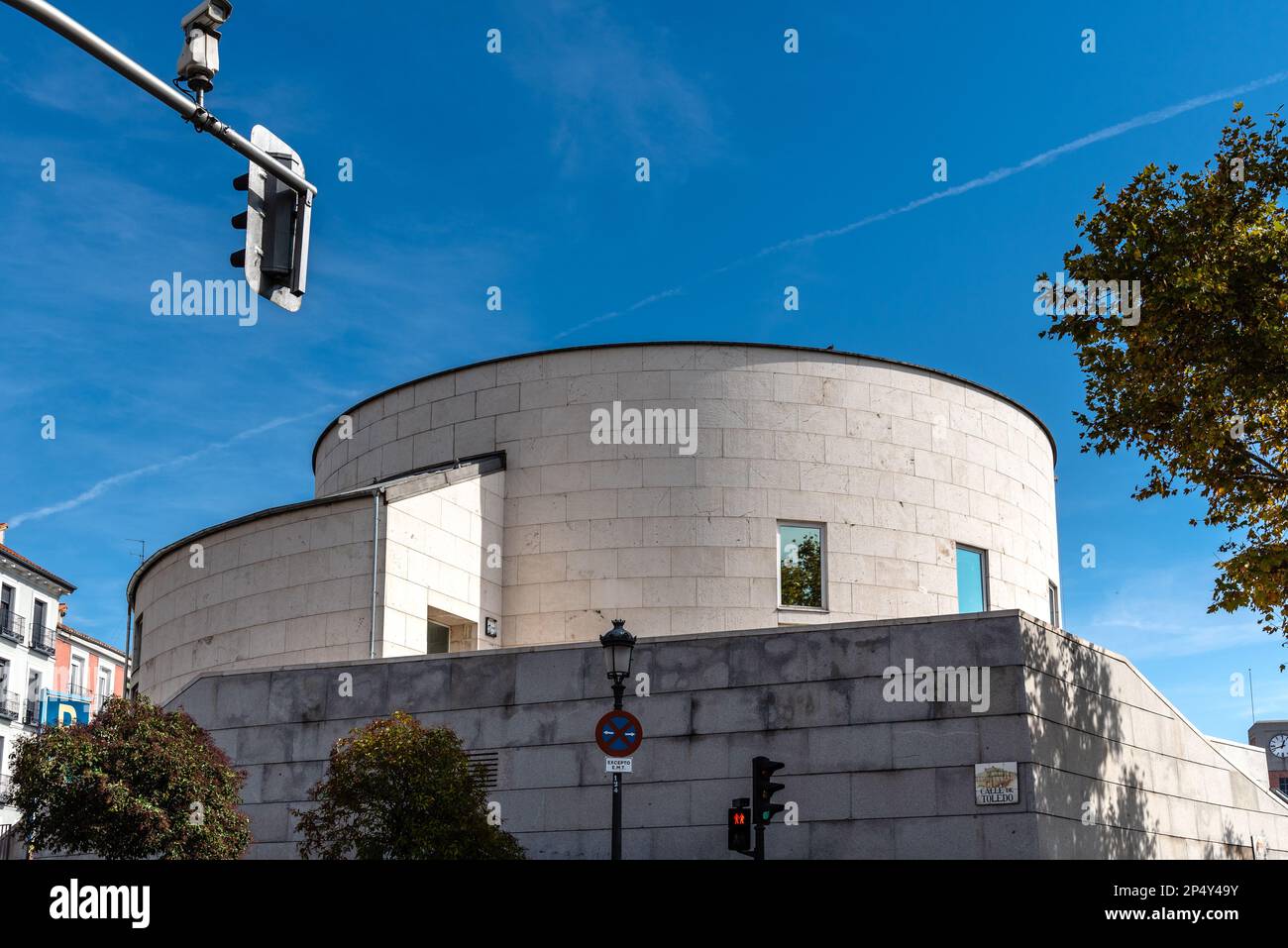 Madrid, Spain - November 1, 2020: Public Library Pedro Salinas in Puerta de Toledo in central Madrid. Sunny autumn day with blue sky. Designed by Juan Stock Photo