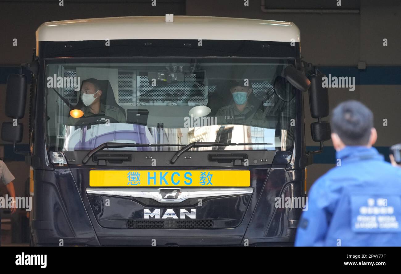 Suspects over murder and perverting the course of justice charges (murder case of socialite Abby Choi Tin-fung)  depart by a Correction Services Department vehicle court over murder and perverting the course of justice charges. Pictured at The Kowloon City Magistrates' Courts in Kowloon City. 27FEB23  SCMP / Sam Tsang Stock Photo