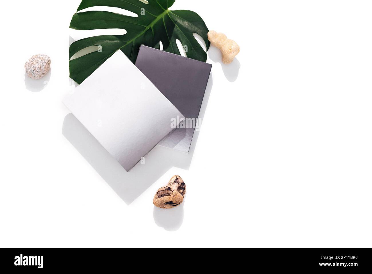 Mockup of two cardboard square boxes for cosmetics. Monstera leaf, sea pebbles on the background. White backrop. Free spase for text. Stock Photo
