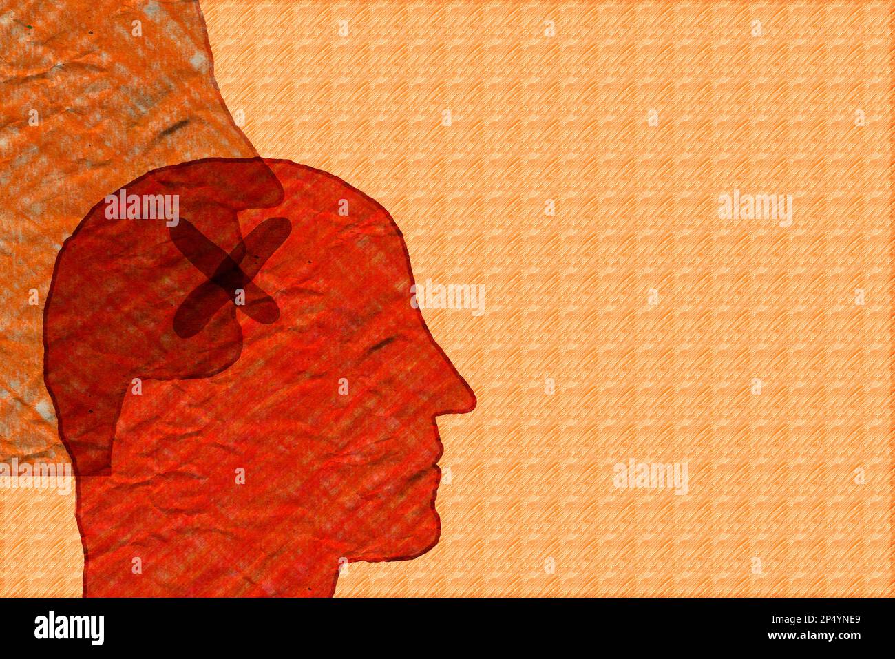 Mental health relative brochure, hidden depression, negative thoughts. Silhouette of a man's head.  Scientific medical designs. Grunge brush drawing. Stock Photo