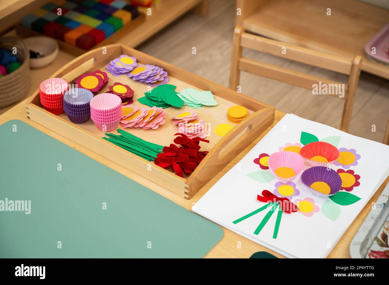  Classroom of Montessori kindergarten. The colorful Montessori material 