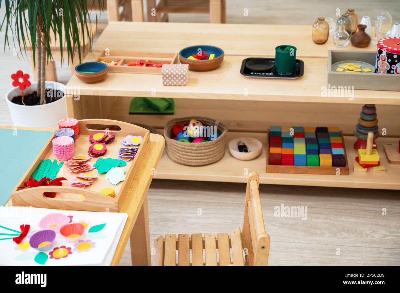 Classroom of Montessori kindergarten. The colorful Montessori material