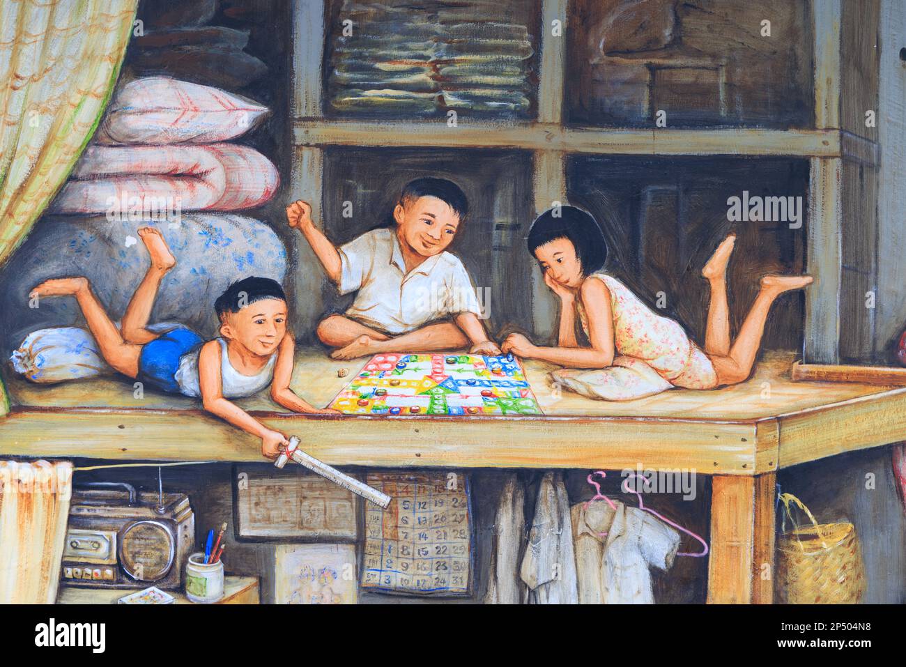 'My Chinatown Home' mural between Smith Street and Temple Street by Yip Yew Chong. Chinatown, Singapore Stock Photo