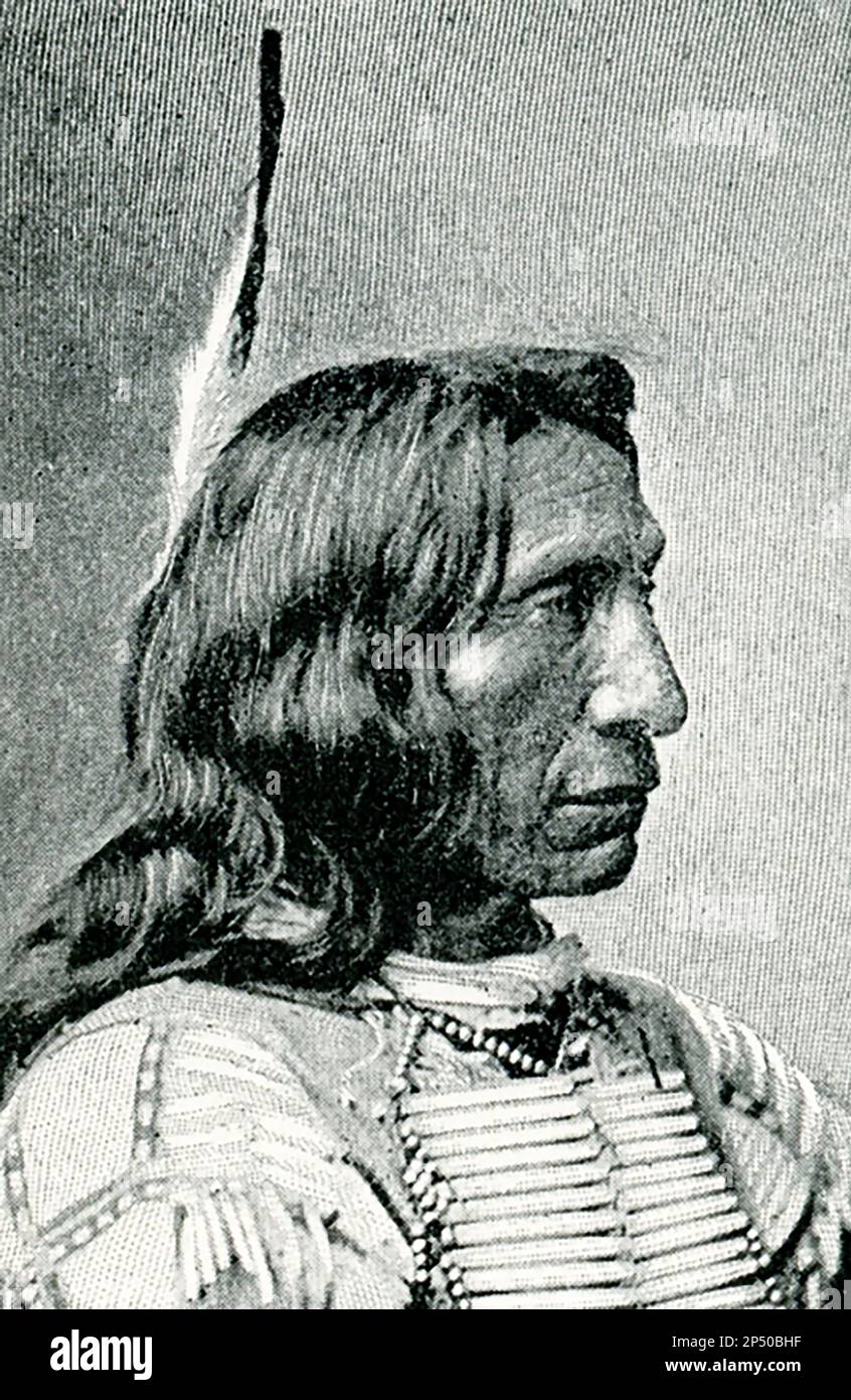 The 1896 caption reads: 'Red Cloud after a photograph by Bell.' Red Cloud was a leader of the Oglala Lakota from 1868 to 1909. He was one of the most capable Native American opponents whom the United States Army faced in the western territories. Stock Photo