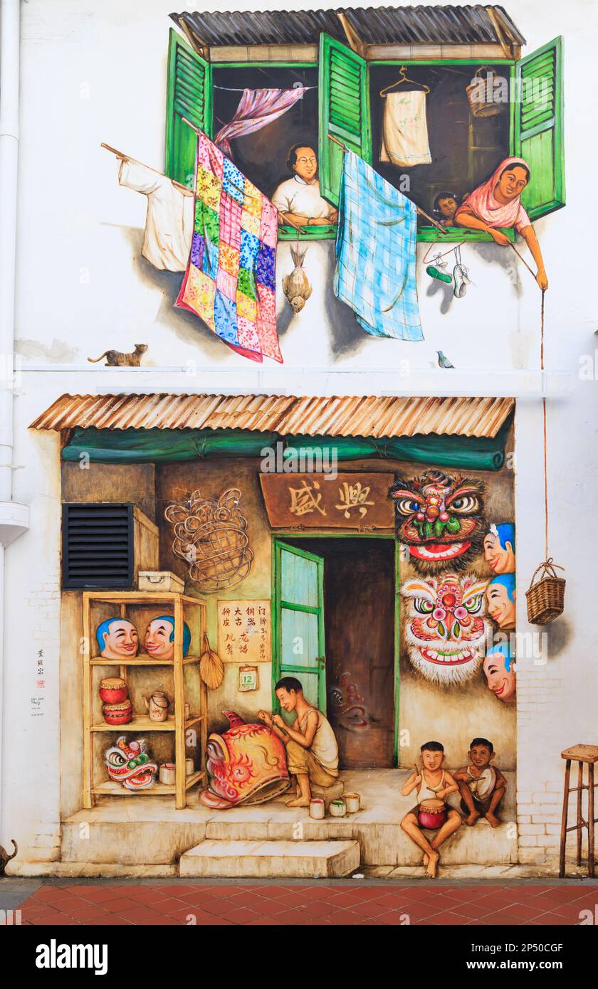 Mural in Mohamed Ali Lane, Chinatown, Singapore by Yip Yew Chong Stock