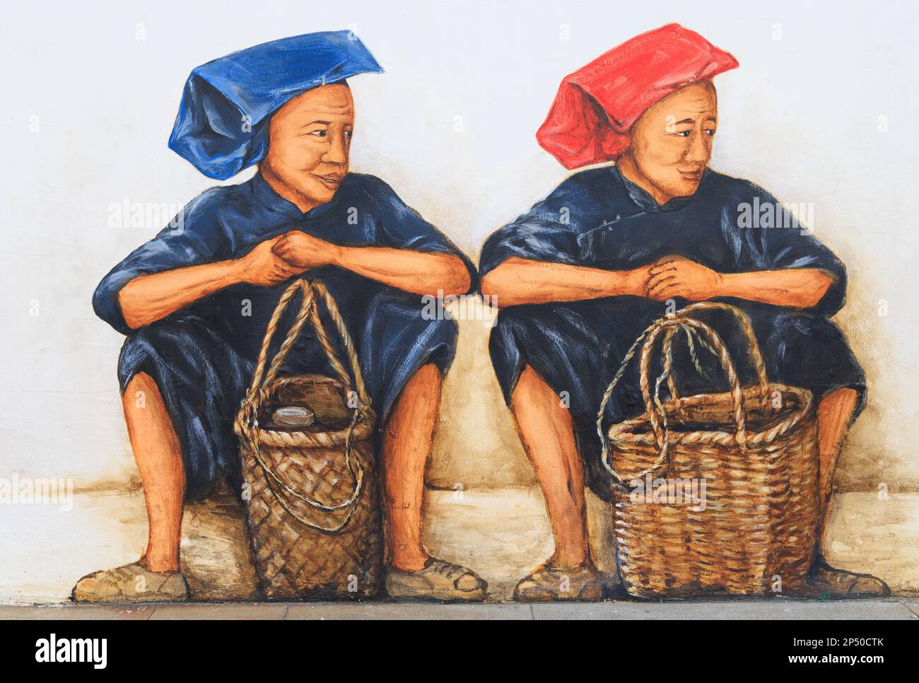 Mural by Yip Yew Chong of 2 Samsui women, or women labourers in their classic hats. Mohamed Ali Lane, Chinatown, Singapore Stock Photo
