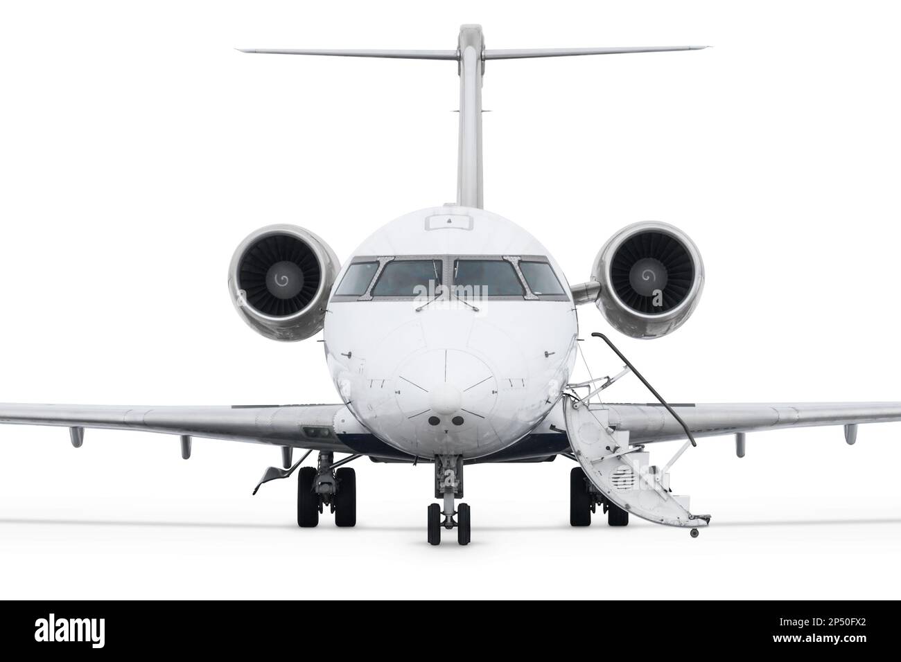 Front view of the private jet with an opened gangway isolated on white background Stock Photo