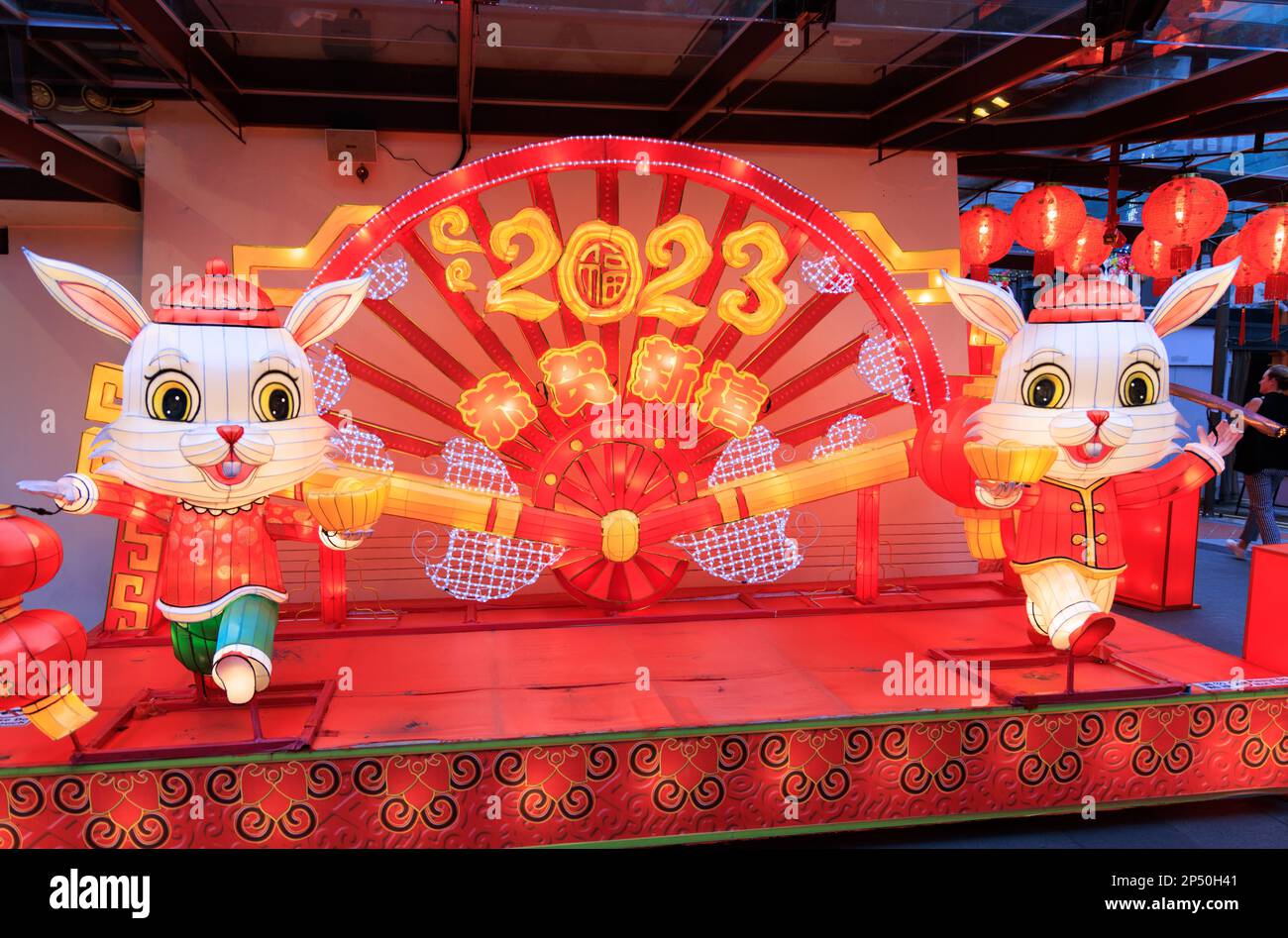 Rabbit light installations at the Buddha Tooth Relic Temple, Chinatown, Singapore for Chinese New Year February 2023 Stock Photo
