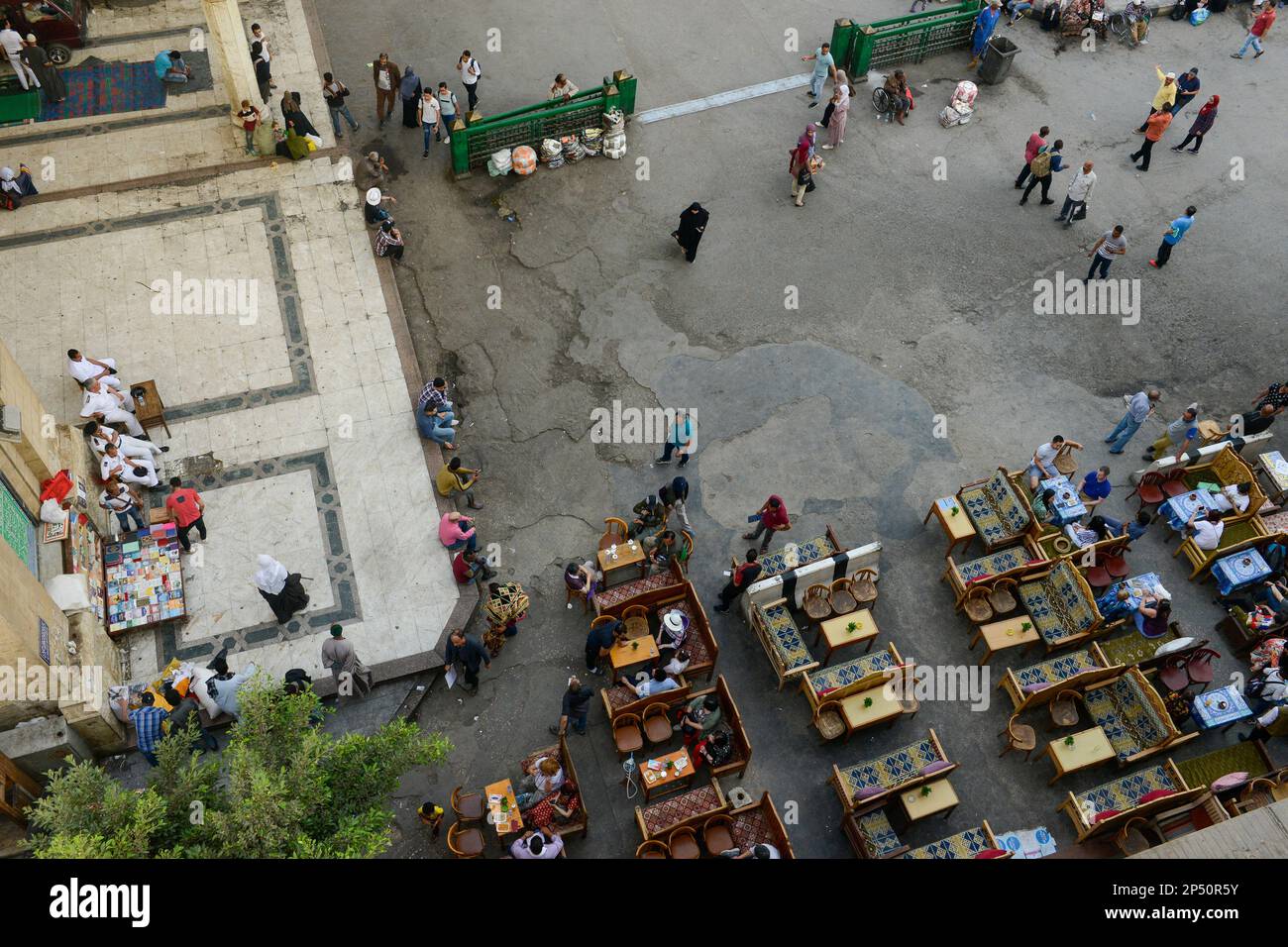EGYPT, Cairo, old town, restaurants at Khan el Khalili, tourism police at Saiyidna-el-Husain-Mosque Stock Photo
