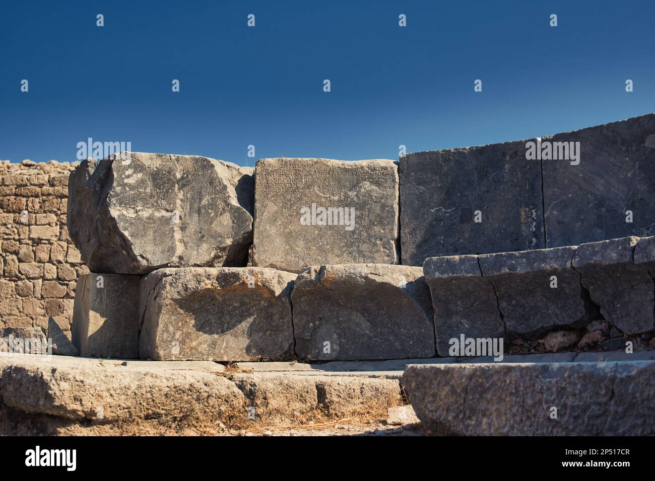 detail of an old ancient wall made from stone Stock Photo