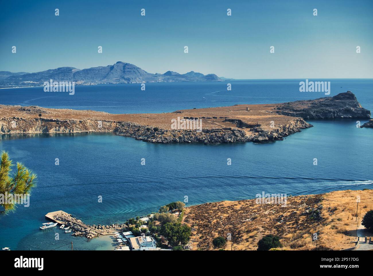 Landscape of a bay of Lindos at Rhodes island in Greece during summer season Stock Photo