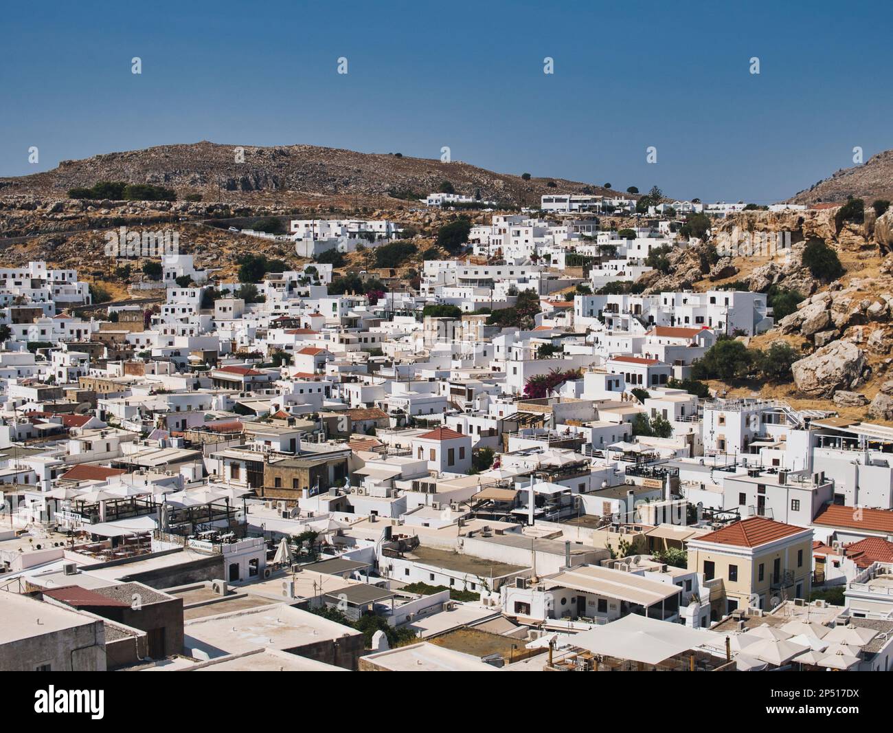 Landscape of a Lindos old town on Rhodes island in Greece with a large