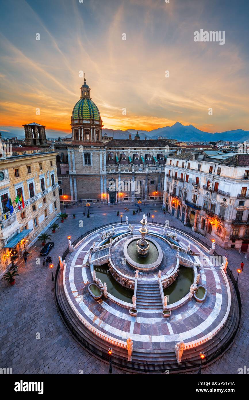 Palermo, Italy with the Praetorian Fountain at dusk. Stock Photo