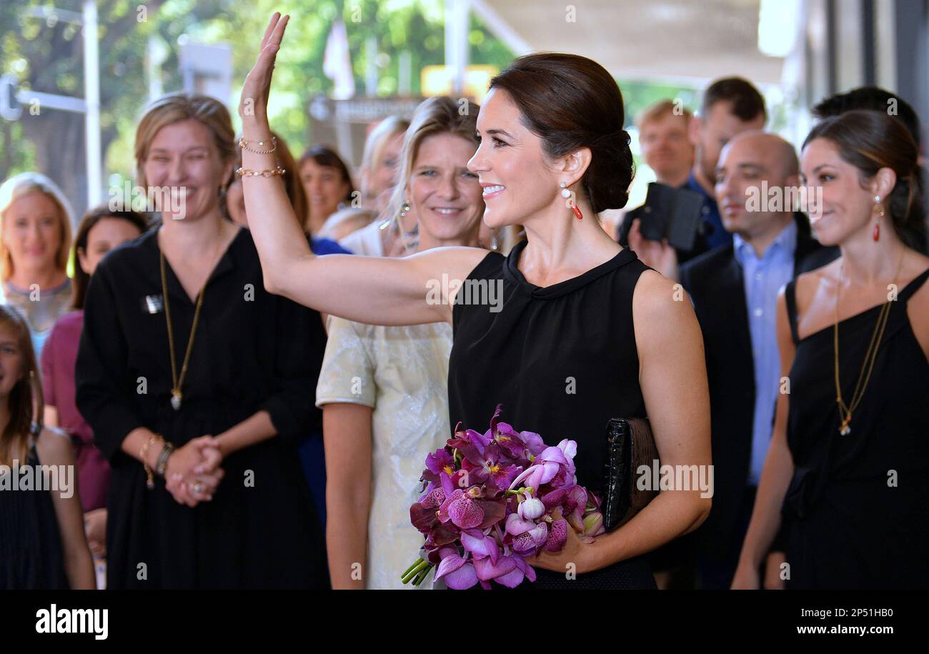 Denmark's Crown Princess Mary, center, waves during the official