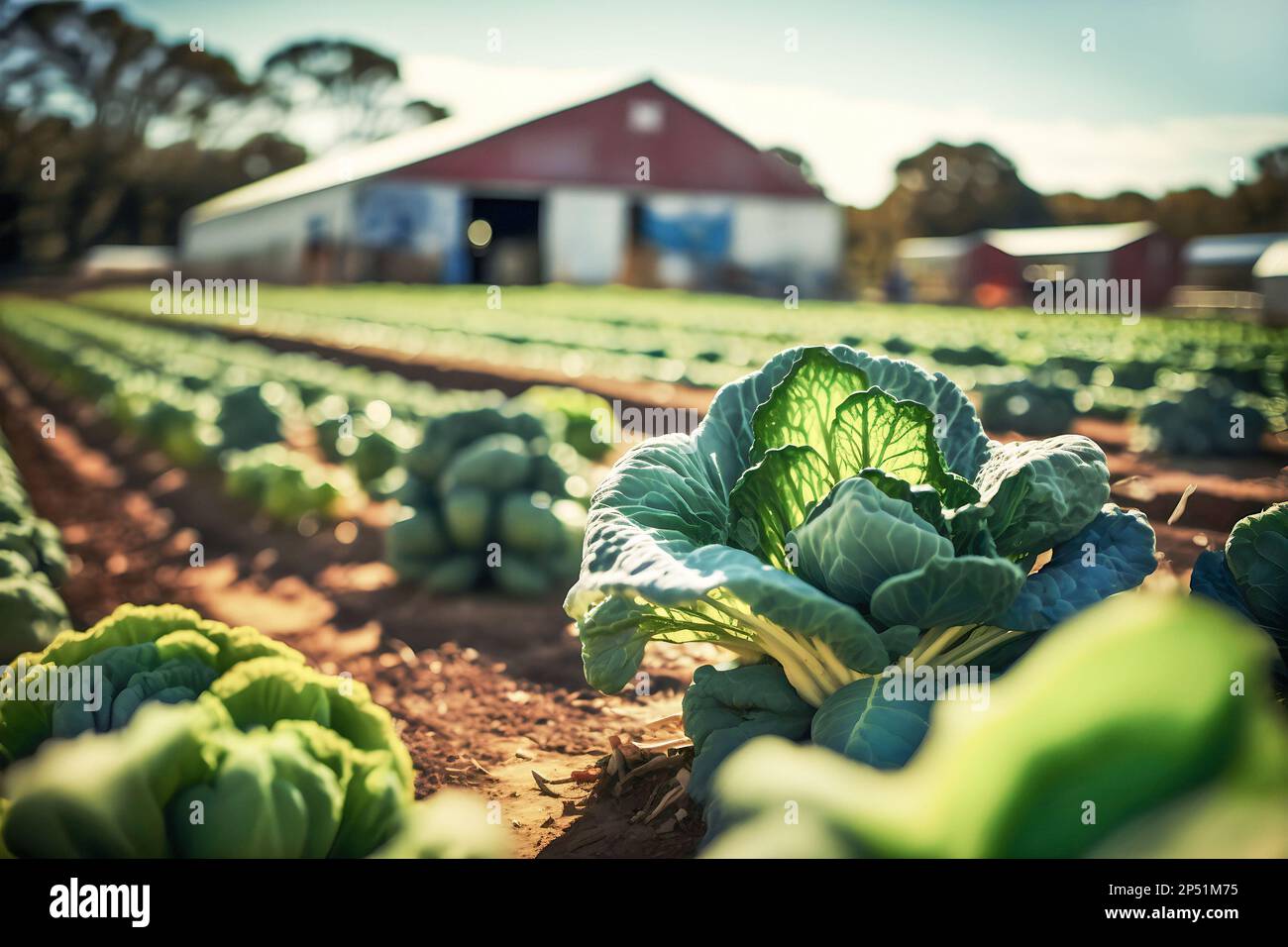Agriculture landscape with organic cabbages growing on vegetable farm