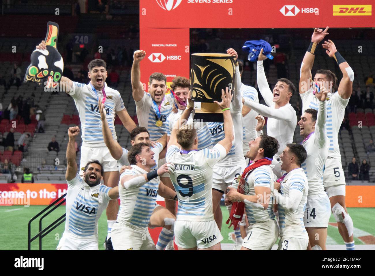 March 5, 2023, Vancouver, Vancouver/Canada, Canada: VANCOUVER, CANADA - MARCH 05: Argentina men's celebrate after winning the Gold Medal during the HSBC World Rugby Sevens Series 2023 at BC Place Stadium in Vancouver, Canada. (Credit Image: © Tomaz Jr/PX Imagens via ZUMA Press Wire) EDITORIAL USAGE ONLY! Not for Commercial USAGE! Stock Photo