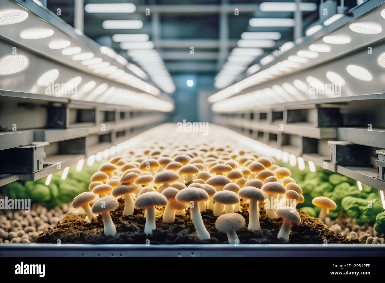 Organic mushrooms growing on modern mushroom farm with smart