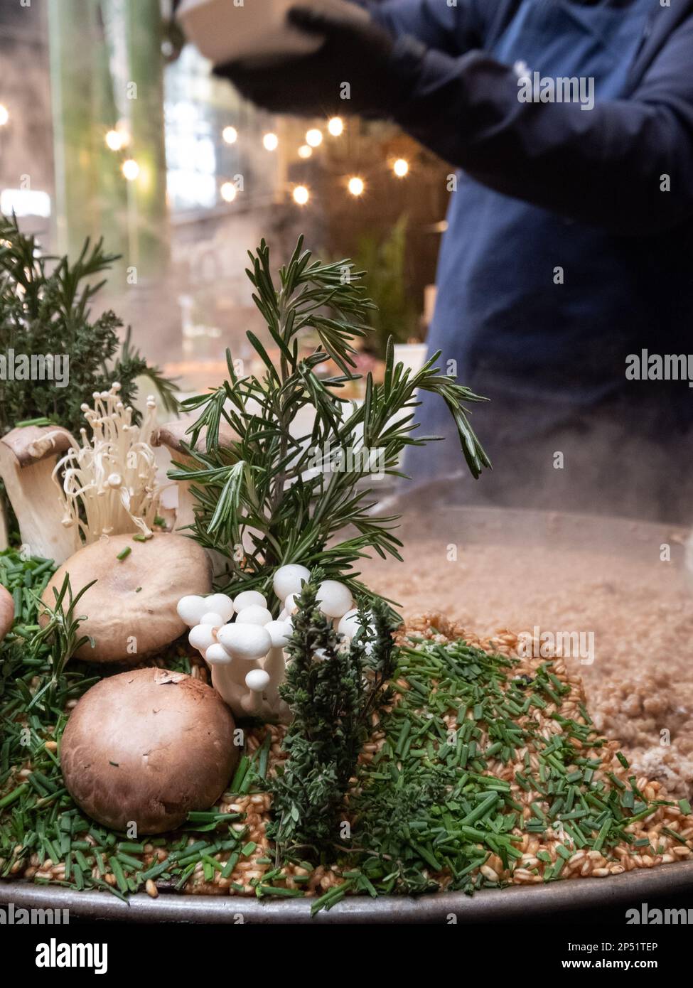 Food stall at Borough Market, London UK, selling take away freshly made