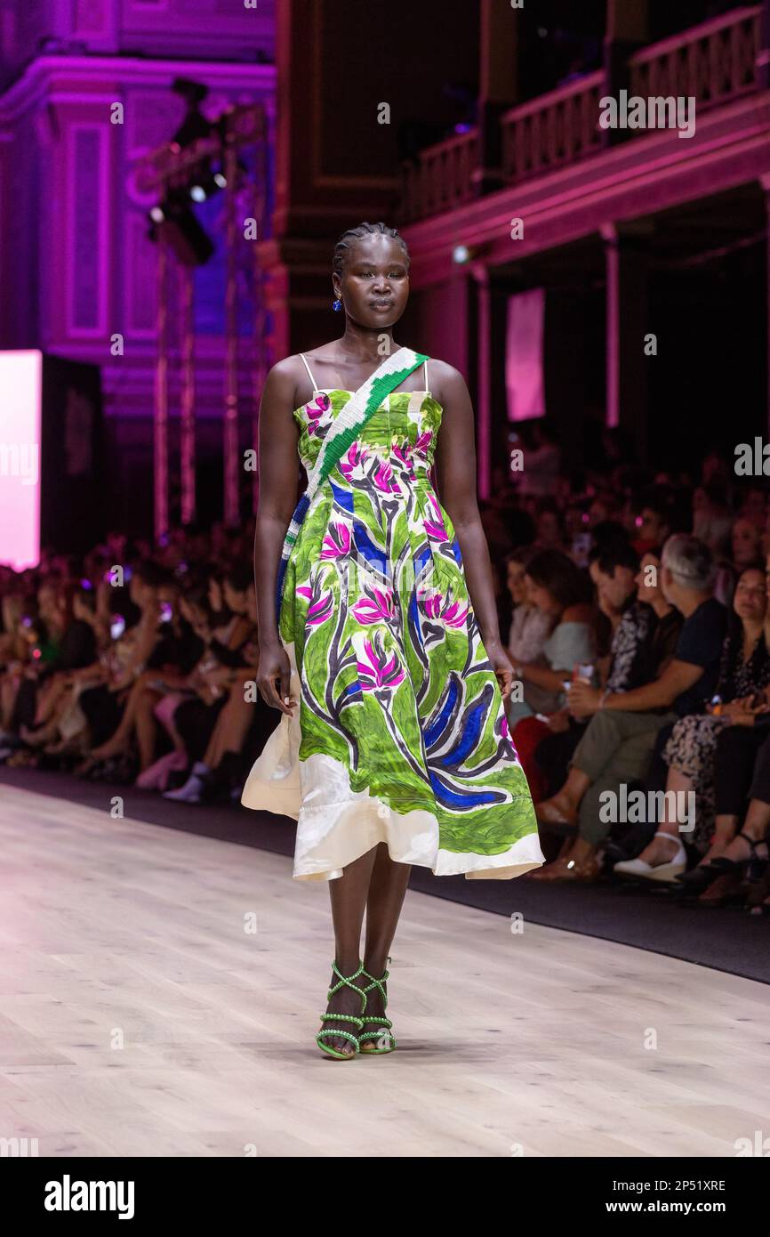 Melbourne, Australia, 06/03/2023, A model dressed by Aje walks the runway at the Utopia runway show, showcasing the best of Australian fashion, as part of the Melbourne Fashion Festival, at the Royal Exhibition Building in Carlton, Melbourne. Australian designers take centre stage at the Melbourne Fashion Festival's first show, Utopia. The Royal Exhibition Building in Carlton will be the venue for this all-Australian lineup featuring designers such as Aje, Nevenka, Acler, Van Der Kooij, Ginger & Smart, Leo Lin, and Maara Collective. These designers will showcase their unique styles and cutting Stock Photo