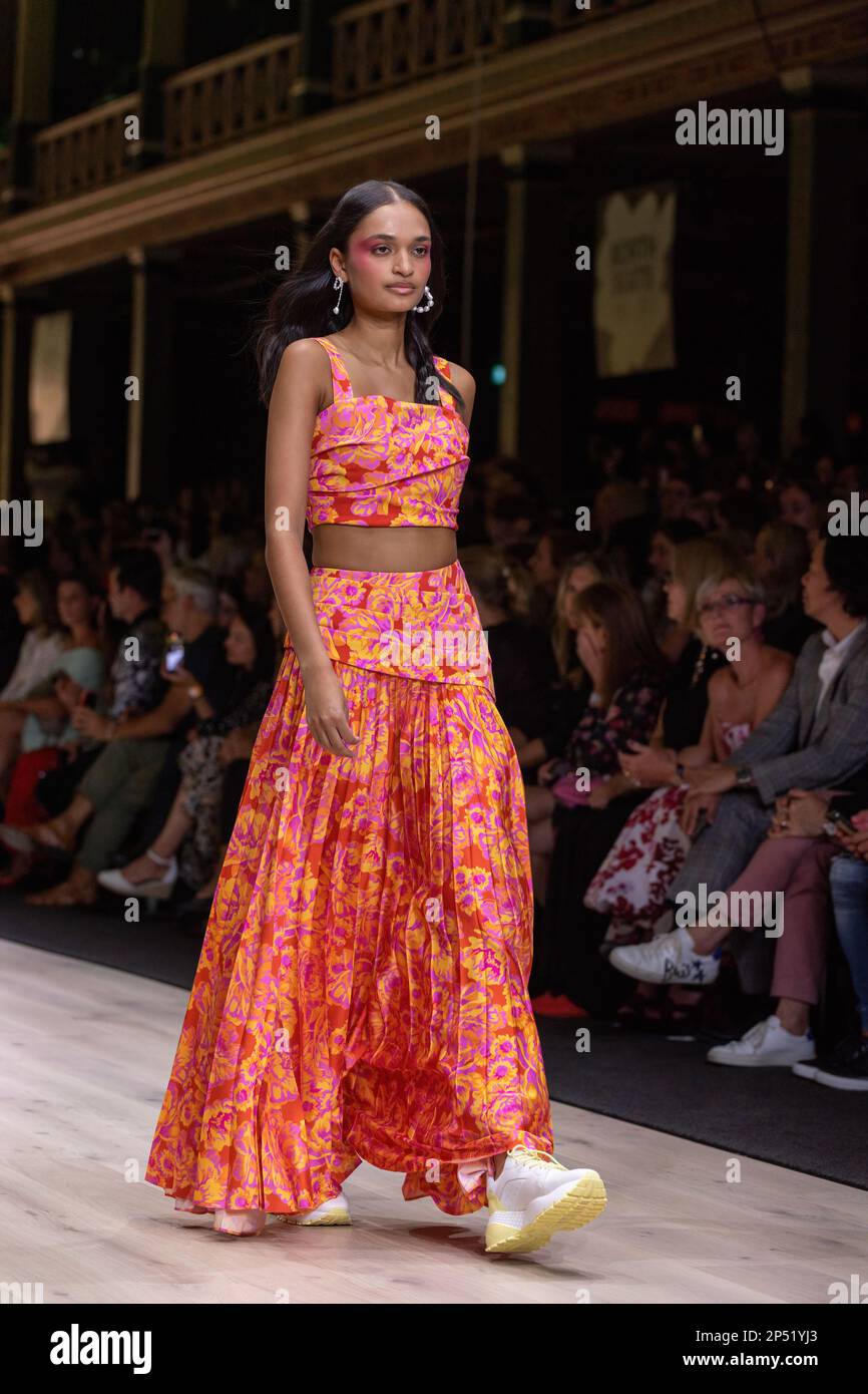 Melbourne, Australia, 06/03/2023, A model dressed by Acler walks the runway at the Utopia runway show, showcasing the best of Australian fashion, as part of the Melbourne Fashion Festival, at the Royal Exhibition Building in Carlton, Melbourne. Australian designers take centre stage at the Melbourne Fashion Festival's first show, Utopia. The Royal Exhibition Building in Carlton will be the venue for this all-Australian lineup featuring designers such as Aje, Nevenka, Acler, Van Der Kooij, Ginger & Smart, Leo Lin, and Maara Collective. These designers will showcase their unique styles and cutti Stock Photo