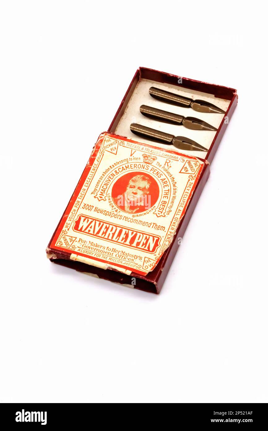 vintage box of waverley ink fountain pen nibs on white background Stock