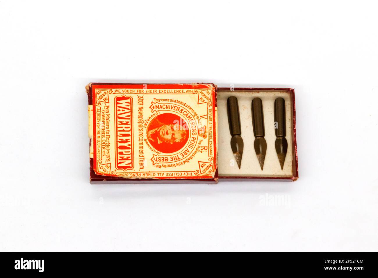vintage box of waverley ink fountain pen nibs on white background Stock