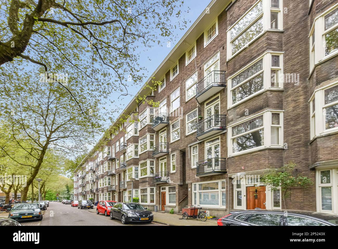 a street with cars parked on both sides and trees lining the side of ...