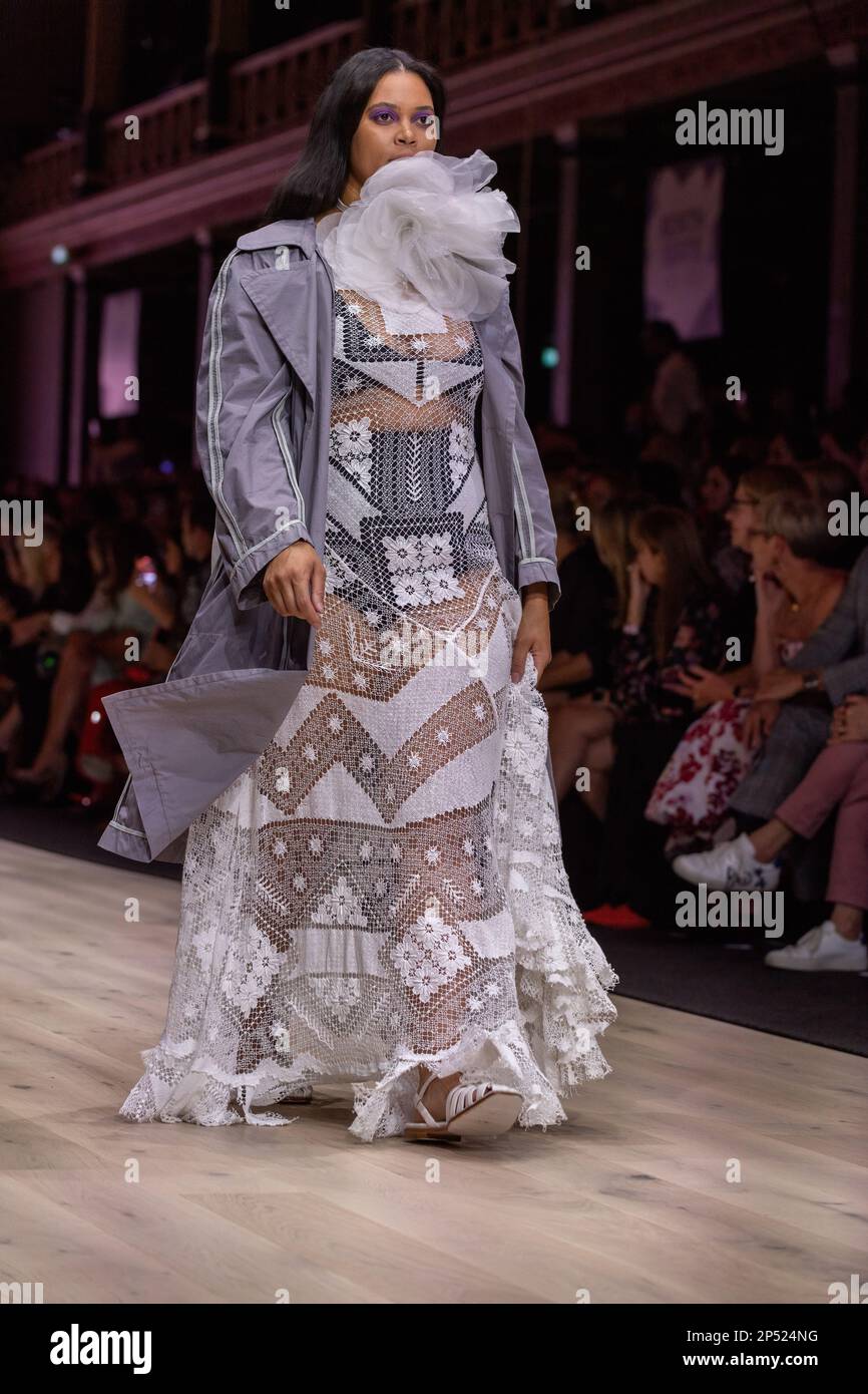 A model dressed by Nevenka walks the runway at the Utopia runway show, showcasing the best of Australian fashion, as part of the Melbourne Fashion Festival, at the Royal Exhibition Building in Carlton, Melbourne. Australian designers take centre stage at the Melbourne Fashion Festival's first show, Utopia. The Royal Exhibition Building in Carlton will be the venue for this all-Australian lineup featuring designers such as Aje, Nevenka, Acler, Van Der Kooij, Ginger & Smart, Leo Lin, and Maara Collective. These designers will showcase their unique styles and cutting-edge fashion to the world. Th Stock Photo