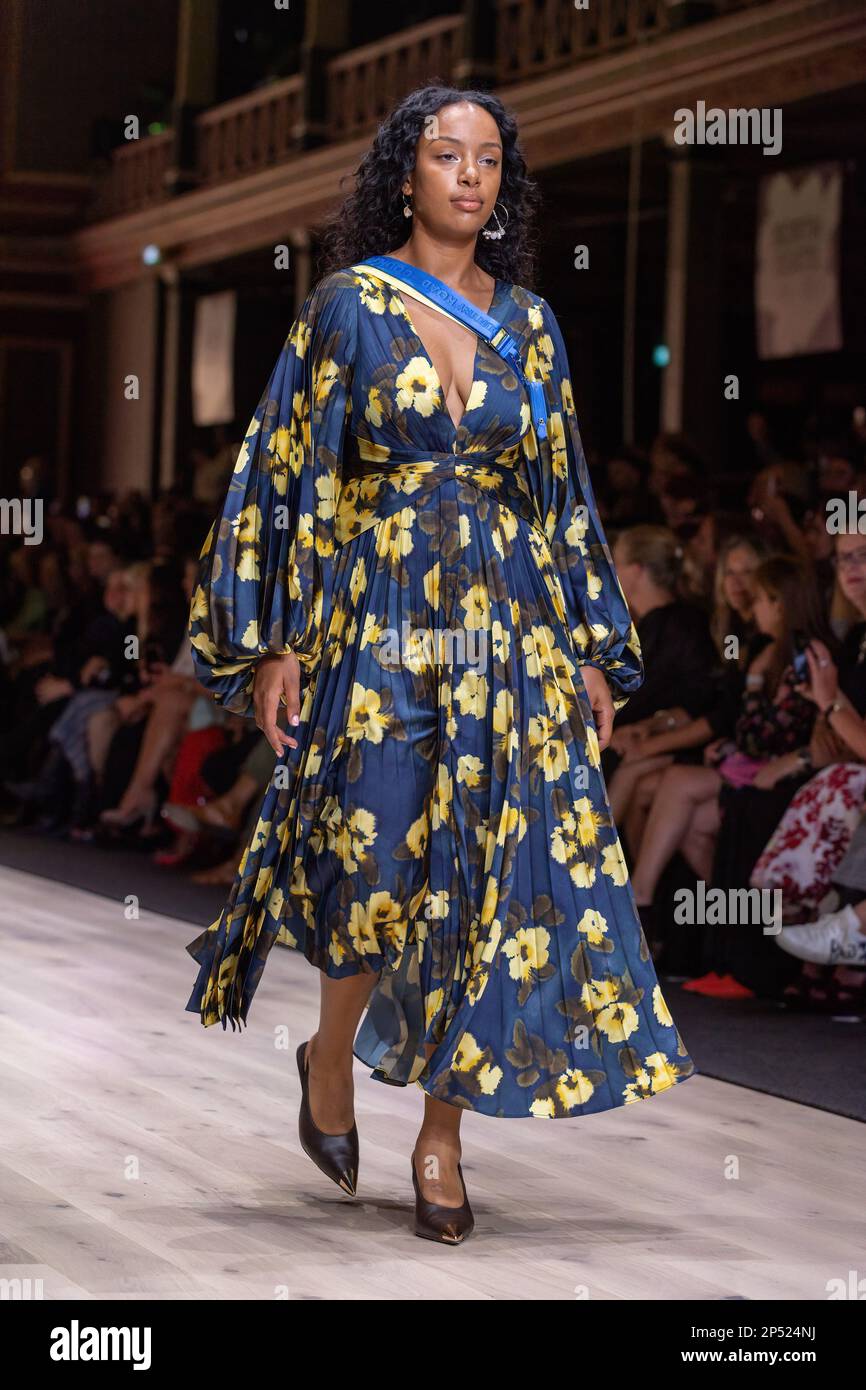 A model dressed by Acler walks the runway at the Utopia runway show, showcasing the best of Australian fashion, as part of the Melbourne Fashion Festival, at the Royal Exhibition Building in Carlton, Melbourne. Australian designers take centre stage at the Melbourne Fashion Festival's first show, Utopia. The Royal Exhibition Building in Carlton will be the venue for this all-Australian lineup featuring designers such as Aje, Nevenka, Acler, Van Der Kooij, Ginger & Smart, Leo Lin, and Maara Collective. These designers will showcase their unique styles and cutting-edge fashion to the world. The Stock Photo