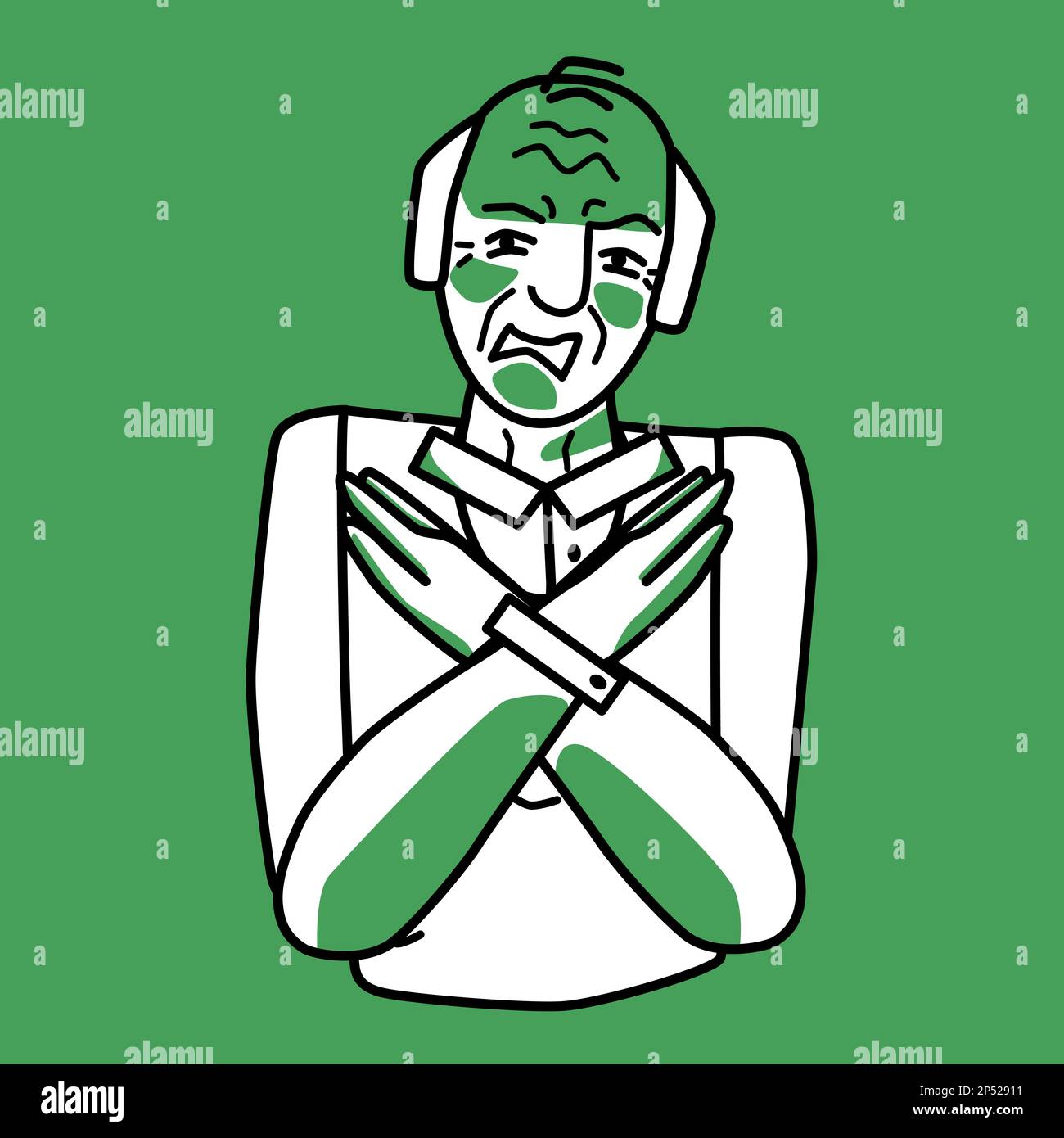 Elderly man with emotion of disgust, green and white. Disgusted half body grandfather line drawing. Old aged pensioner in a negative mood, no with his Stock Vector