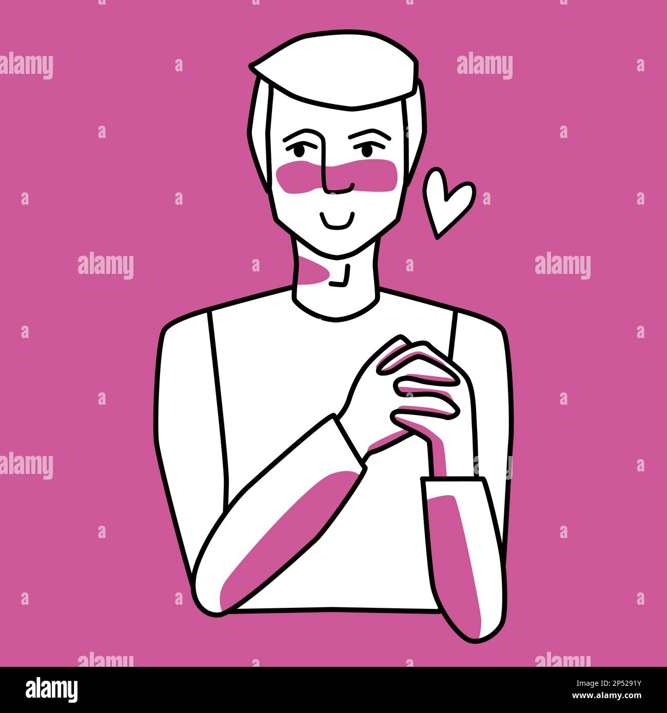 Adult male in love, holding his hands, pink and white. Line art, hand drawn sketch style illustration. Stock Vector