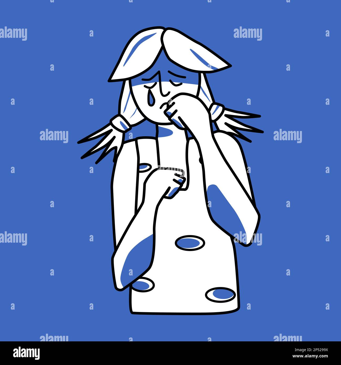 Sad girl, emotion of melancholy, blue and white. Sadness teenager mood half body drawing, mourning adolescent with tears, crying melancholy of female Stock Vector