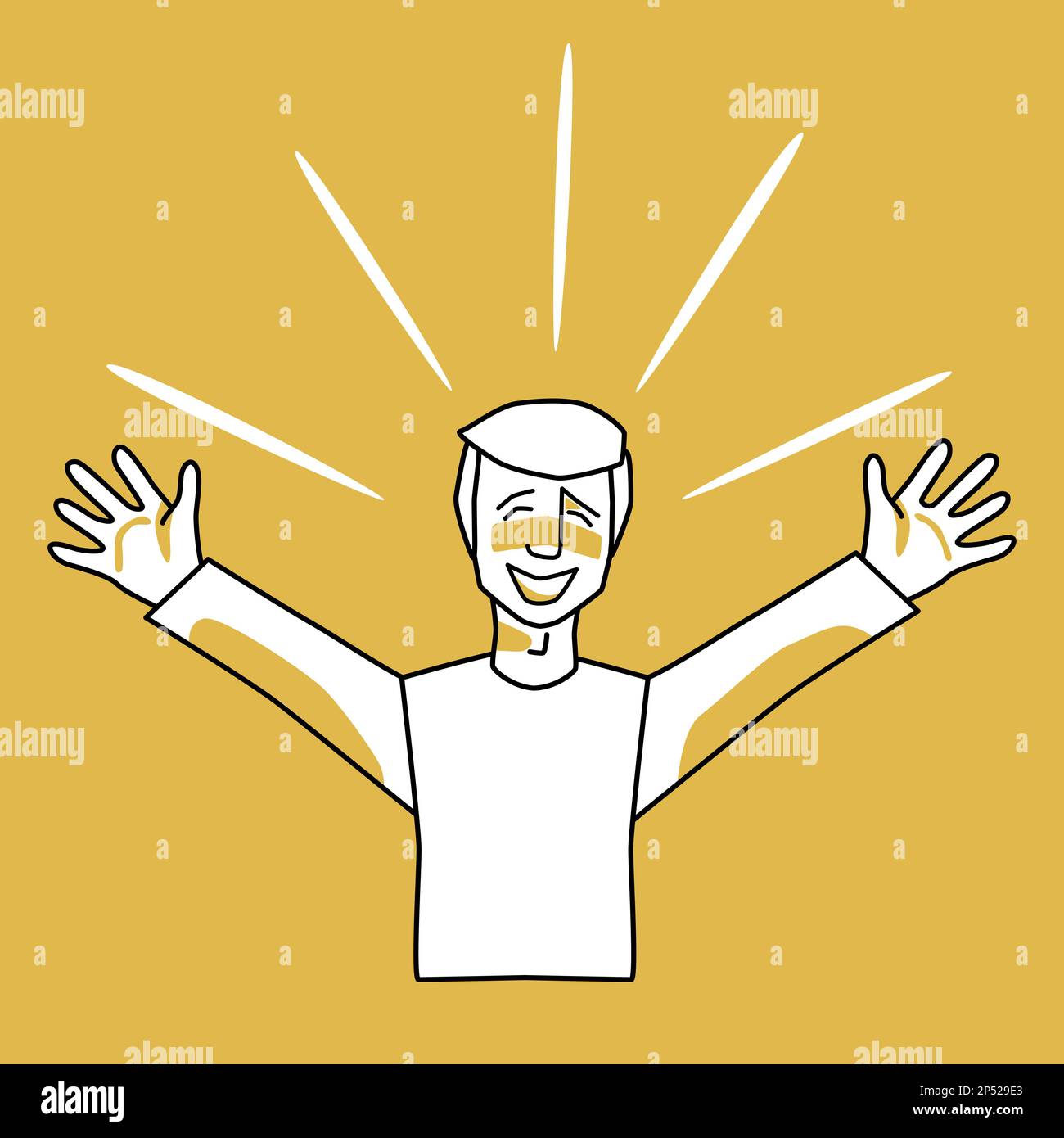 Happy man, emotion of happiness, orange and white. Joyful male character, line art, hand drawn sketch style vector. Stock Vector