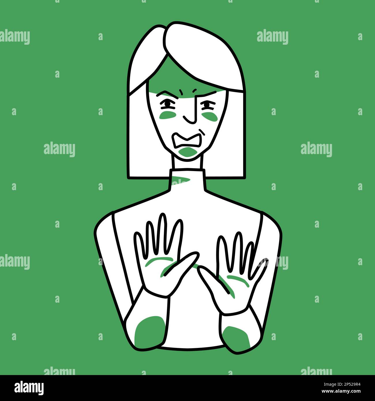 Woman with emotion of disgust, green and white. Disgusted half body female character with square hairstyle, negative revulsion mood, no with her hands Stock Vector