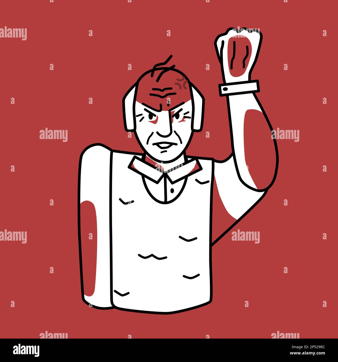 Angry old man, fierce emotion, red and white. Irritated half body grandfather line drawing with spots, evil mood aged person, threatened with a fist. Stock Vector