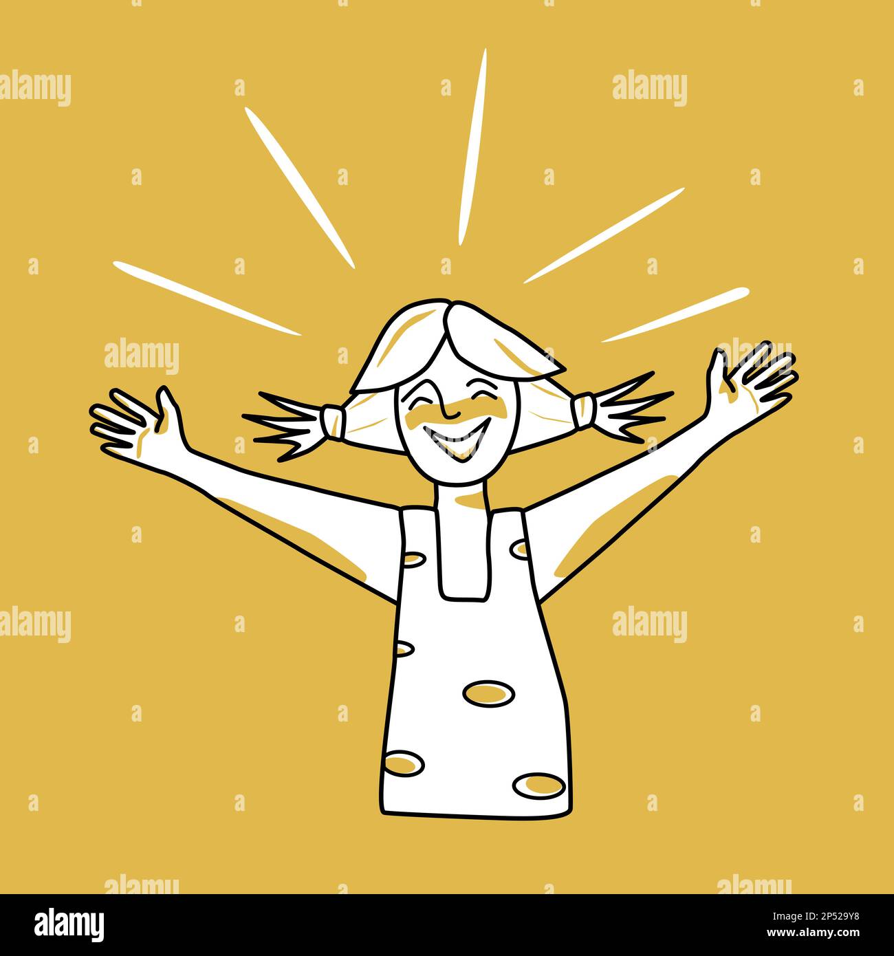 Happy girl, emotion of happiness, orange and white. Joyful half body adolescent with ponytails haircut, good spirit of female child, hands to the side Stock Vector