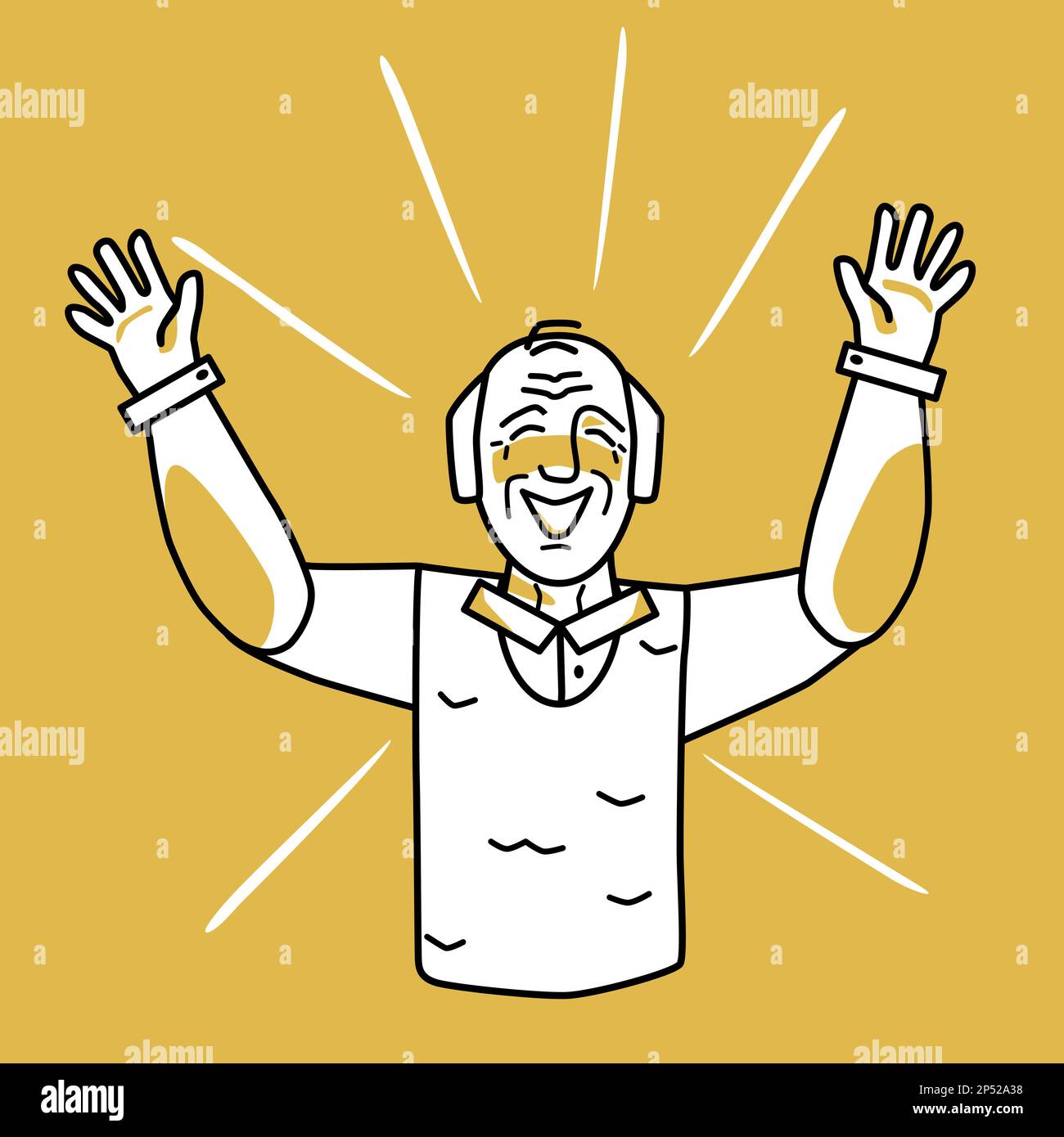 Happy old man, emotion of happiness, orange and white. Joyful grandfather half body vector drawing, good spirit of elderly human, hands to the sides. Stock Vector