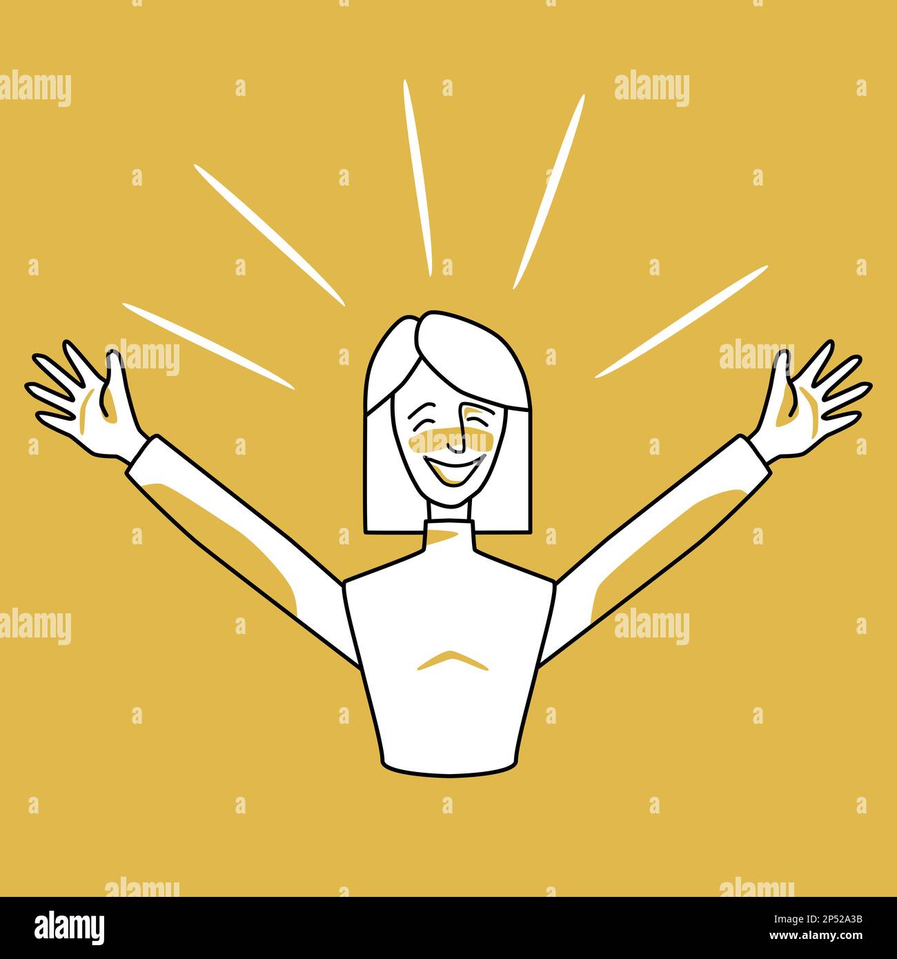 Happy woman, emotion of happiness, orange and white. Joyful maiden half body vector drawing, good spirit of wife with square hairstyle, hands to the s Stock Vector