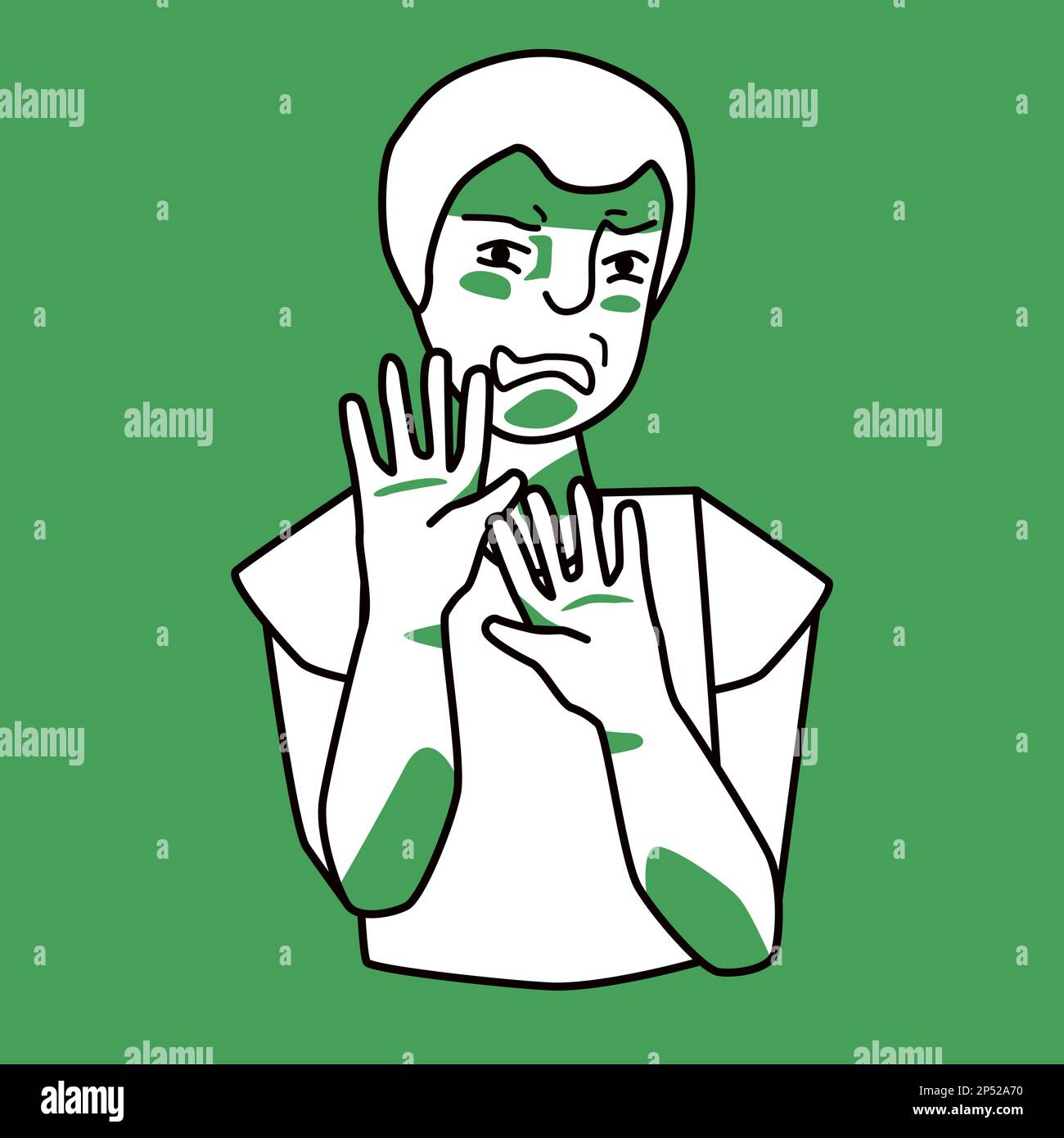 Boy with disgust emotion, green and white. Disgusted male kid, loathing schoolboy with sickness and repugnance. Adolescent raised his hands. Half body Stock Vector